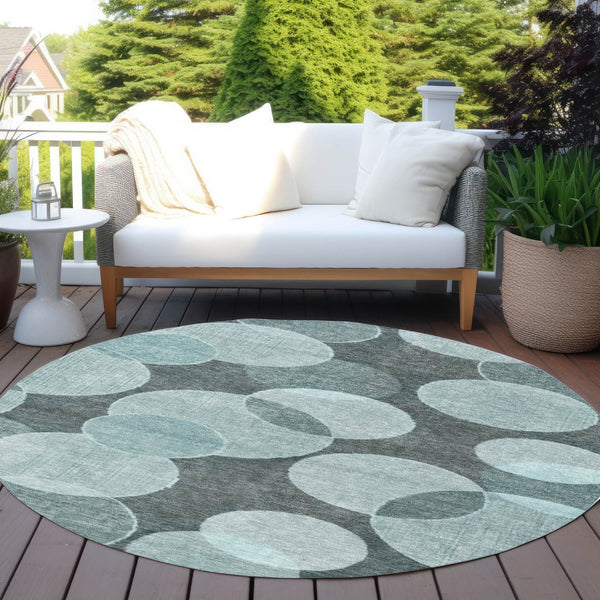 HomeRoots 8' Vibrant Teal Blue & Aqua Round Geometric Area Rug - Washable, Durable, Indoor/Outdoor Style! 619825
