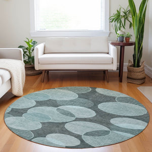 HomeRoots 8' Vibrant Teal Blue & Aqua Round Geometric Area Rug - Washable, Durable, Indoor/Outdoor Style! 619825