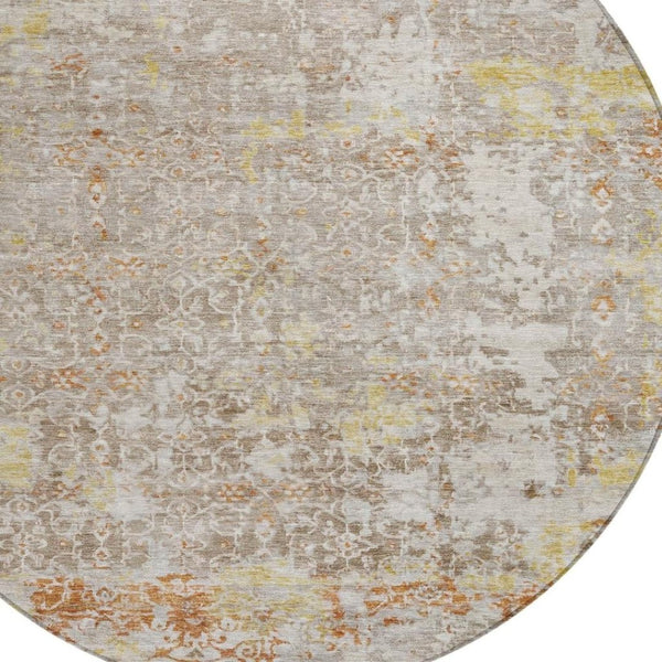 HomeRoots 8' Round Abstract Area Rug in Brown & Gold – Durable, Washable Design for Indoor & Outdoor Elegance 619837