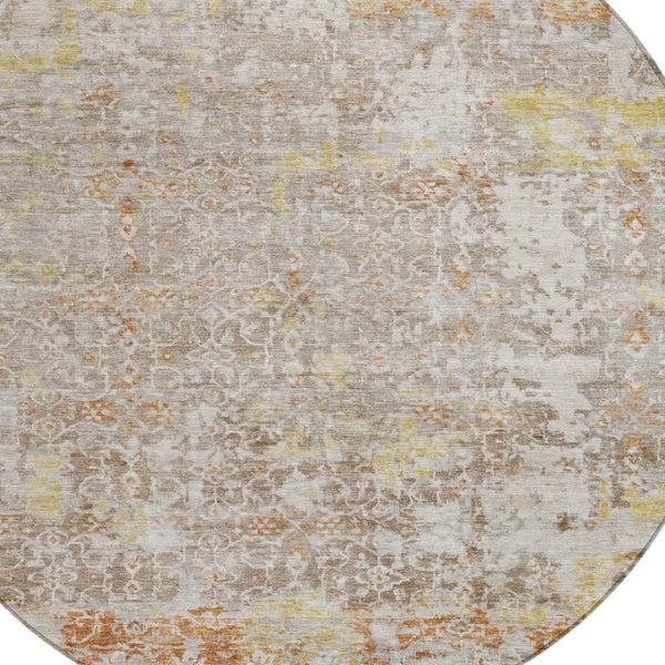 HomeRoots 8' Round Abstract Area Rug in Brown & Gold – Durable, Washable Design for Indoor & Outdoor Elegance 619837