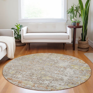 HomeRoots 8' Round Abstract Area Rug in Brown & Gold – Durable, Washable Design for Indoor & Outdoor Elegance 619837