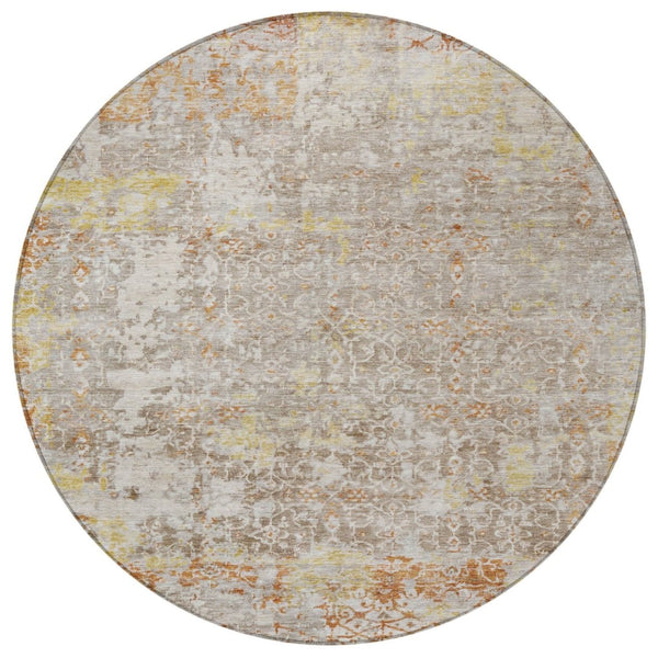 HomeRoots 8' Round Abstract Area Rug in Brown & Gold – Durable, Washable Design for Indoor & Outdoor Elegance 619837