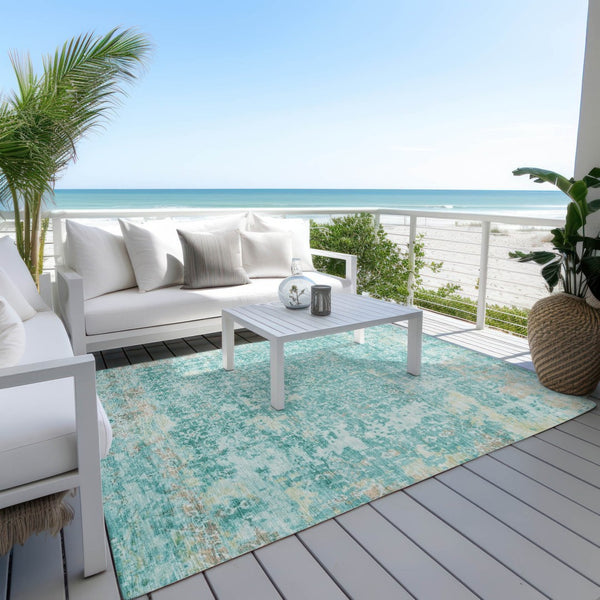 HomeRoots 5' X 8' Teal Blue Aqua Abstract Area Rug – Washable, Stain-Resistant for Indoor & Outdoor Use 619854