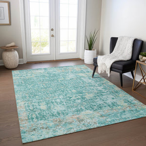 HomeRoots 5' X 8' Teal Blue Aqua Abstract Area Rug – Washable, Stain-Resistant for Indoor & Outdoor Use 619854