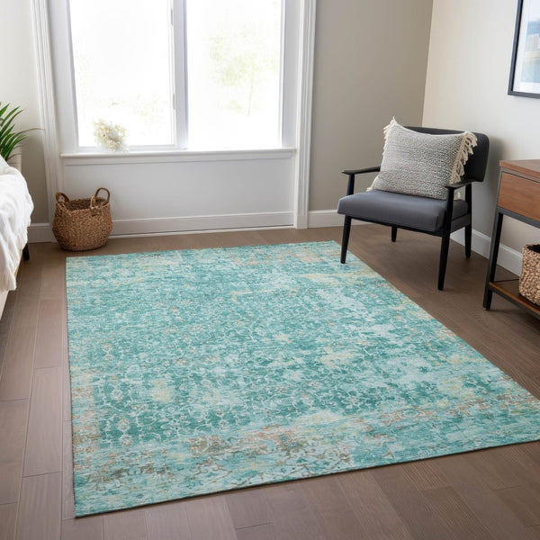 HomeRoots 5' X 8' Teal Blue Aqua Abstract Area Rug – Washable, Stain-Resistant for Indoor & Outdoor Use 619854