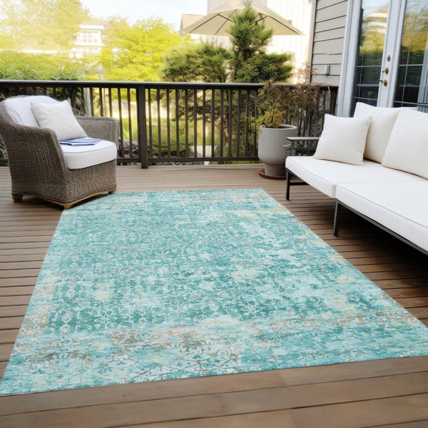 HomeRoots 5' X 8' Teal Blue Aqua Abstract Area Rug – Washable, Stain-Resistant for Indoor & Outdoor Use 619854