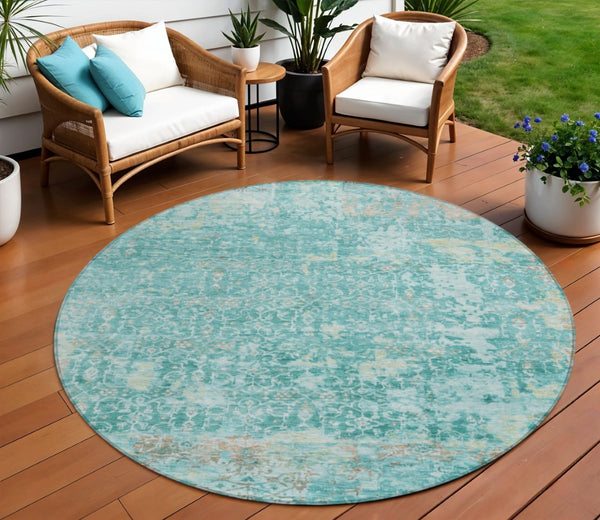 HomeRoots 8' Teal Blue and Aqua Round Area Rug – Stylish, Washable, Durable, Ideal for Indoor & Outdoor Spaces! 619855