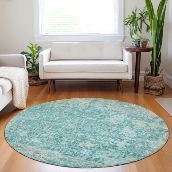HomeRoots 8' Teal Blue and Aqua Round Area Rug – Stylish, Washable, Durable, Ideal for Indoor & Outdoor Spaces! 619855
