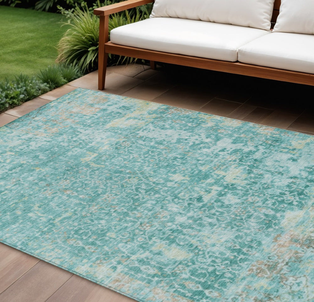 HomeRoots 8' X 10' Teal Blue Aqua Abstract Area Rug – Stylish Indoor/Outdoor Washable, Durable & Easy-Care Design 619856