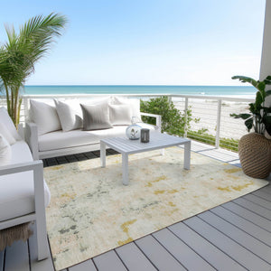 HomeRoots 5' Beige and Gold Abstract Area Rug - Stylish, Washable, Indoor/Outdoor, Durable for High-Traffic Spaces 619866