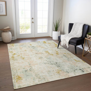 HomeRoots 5' Beige and Gold Abstract Area Rug - Stylish, Washable, Indoor/Outdoor, Durable for High-Traffic Spaces 619866