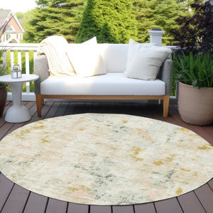 HomeRoots 8' Round Abstract Beige and Gold Area Rug – Stylish, Washable, Stain-Resistant for Indoor/Outdoor Use 619867