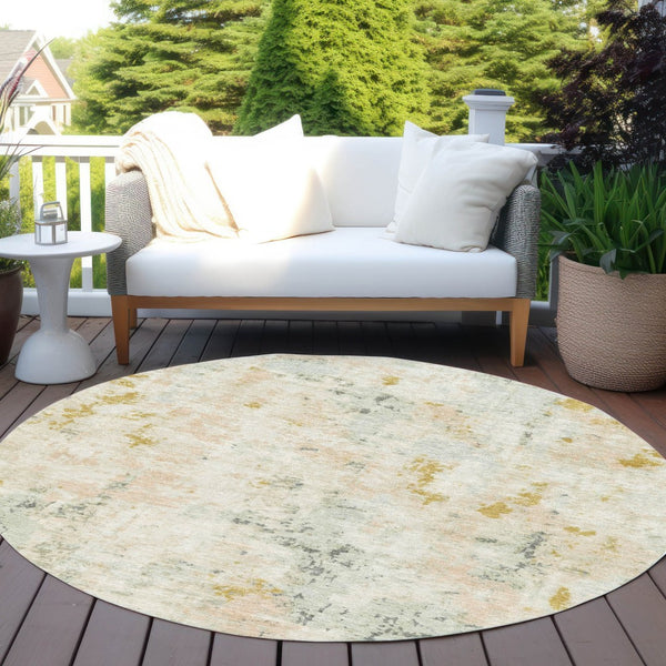 HomeRoots 8' Round Abstract Beige and Gold Area Rug – Stylish, Washable, Stain-Resistant for Indoor/Outdoor Use 619867