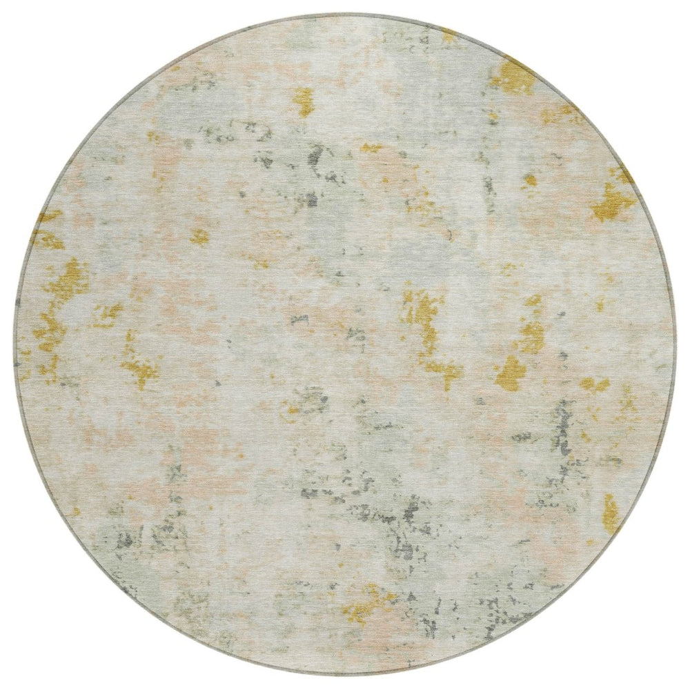 HomeRoots 8' Round Abstract Beige and Gold Area Rug – Stylish, Washable, Stain-Resistant for Indoor/Outdoor Use 619867