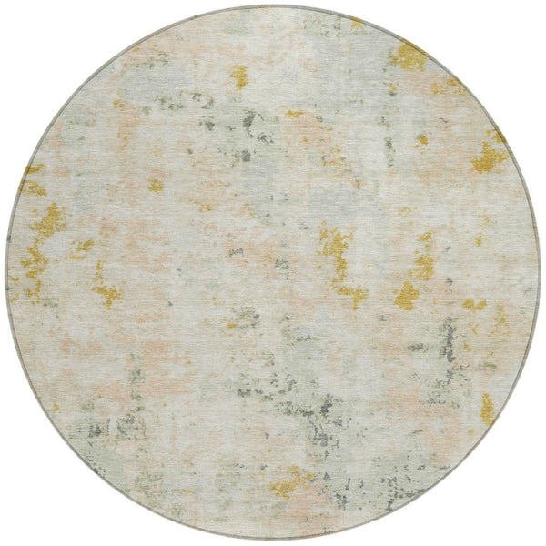 HomeRoots 8' Round Abstract Beige and Gold Area Rug – Stylish, Washable, Stain-Resistant for Indoor/Outdoor Use 619867