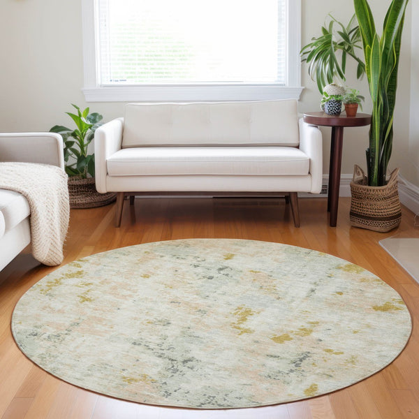 HomeRoots 8' Round Abstract Beige and Gold Area Rug – Stylish, Washable, Stain-Resistant for Indoor/Outdoor Use 619867