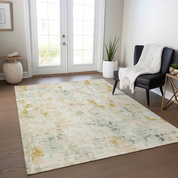 HomeRoots 9' X 12' Beige and Gold Abstract Area Rug - Stylish, Washable, Indoor/Outdoor, Durable & Easy Care 619869