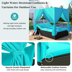 English Elm U_style Outdoor Double Daybed Resort Canopy Lounge with Steel Frame and Adjustable Backrests Blue WY000476AAC