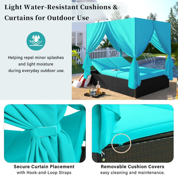 English Elm U_style Outdoor Double Daybed Resort Canopy Lounge with Steel Frame and Adjustable Backrests Blue WY000476AAC