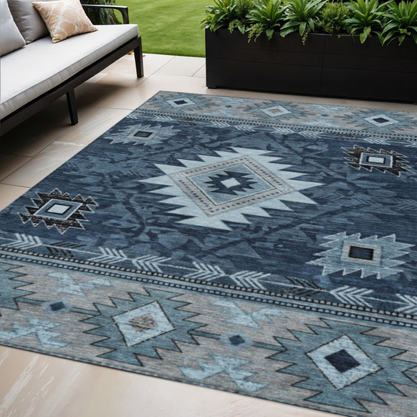 HomeRoots 5' X 8' Tribal Area Rug - Durable Blue, Ivory & Charcoal Design for Indoor/Outdoor Spaces, Washable! 619890