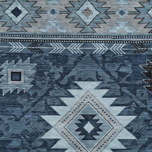 HomeRoots 5' X 8' Tribal Area Rug - Durable Blue, Ivory & Charcoal Design for Indoor/Outdoor Spaces, Washable! 619890