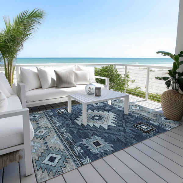 HomeRoots 5' X 8' Tribal Area Rug - Durable Blue, Ivory & Charcoal Design for Indoor/Outdoor Spaces, Washable! 619890