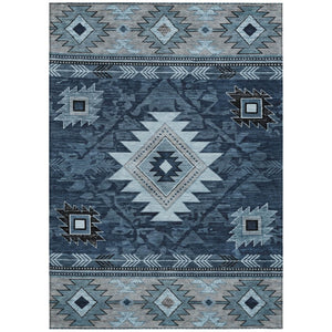 HomeRoots 5' X 8' Tribal Area Rug - Durable Blue, Ivory & Charcoal Design for Indoor/Outdoor Spaces, Washable! 619890