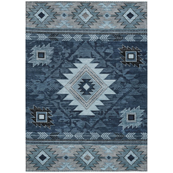 HomeRoots 5' X 8' Tribal Area Rug - Durable Blue, Ivory & Charcoal Design for Indoor/Outdoor Spaces, Washable! 619890