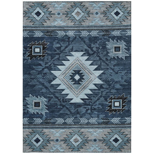 HomeRoots 5' X 8' Tribal Area Rug - Durable Blue, Ivory & Charcoal Design for Indoor/Outdoor Spaces, Washable! 619890