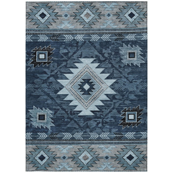 HomeRoots 5' X 8' Tribal Area Rug - Durable Blue, Ivory & Charcoal Design for Indoor/Outdoor Spaces, Washable! 619890