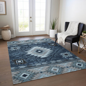HomeRoots 5' X 8' Tribal Area Rug - Durable Blue, Ivory & Charcoal Design for Indoor/Outdoor Spaces, Washable! 619890