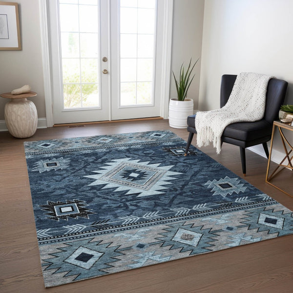 HomeRoots 5' X 8' Tribal Area Rug - Durable Blue, Ivory & Charcoal Design for Indoor/Outdoor Spaces, Washable! 619890