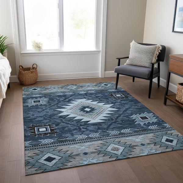 HomeRoots 5' X 8' Tribal Area Rug - Durable Blue, Ivory & Charcoal Design for Indoor/Outdoor Spaces, Washable! 619890
