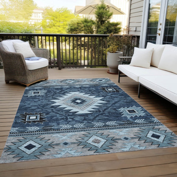 HomeRoots 5' X 8' Tribal Area Rug - Durable Blue, Ivory & Charcoal Design for Indoor/Outdoor Spaces, Washable! 619890
