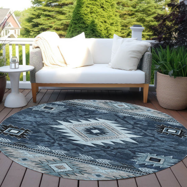 HomeRoots 8' Round Tribal Washable Area Rug in Blue, Ivory, and Charcoal - Durable Design for Indoor/Outdoor Use 619891