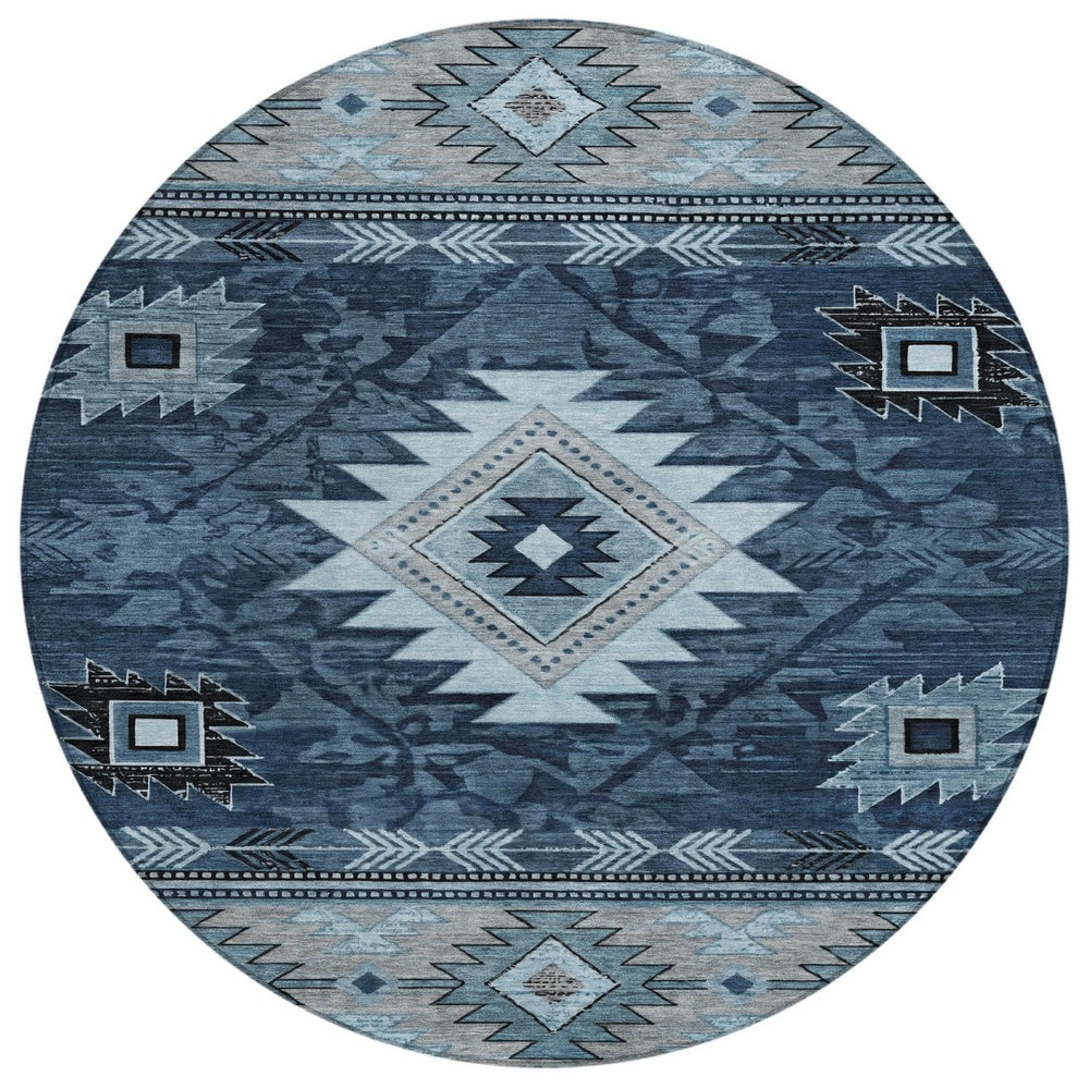HomeRoots 8' Round Tribal Washable Area Rug in Blue, Ivory, and Charcoal - Durable Design for Indoor/Outdoor Use 619891