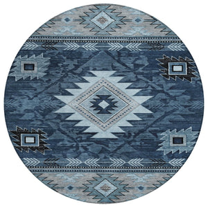 HomeRoots 8' Round Tribal Washable Area Rug in Blue, Ivory, and Charcoal - Durable Design for Indoor/Outdoor Use 619891