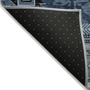 HomeRoots 8' Round Tribal Washable Area Rug in Blue, Ivory, and Charcoal - Durable Design for Indoor/Outdoor Use 619891