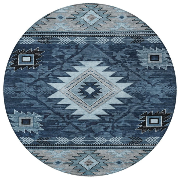 HomeRoots 8' Round Tribal Washable Area Rug in Blue, Ivory, and Charcoal - Durable Design for Indoor/Outdoor Use 619891