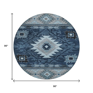 HomeRoots 8' Round Tribal Washable Area Rug in Blue, Ivory, and Charcoal - Durable Design for Indoor/Outdoor Use 619891