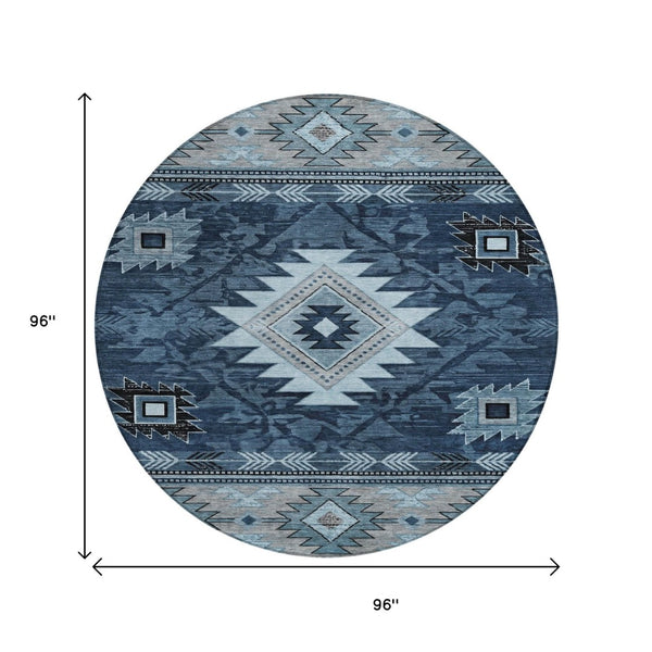 HomeRoots 8' Round Tribal Washable Area Rug in Blue, Ivory, and Charcoal - Durable Design for Indoor/Outdoor Use 619891