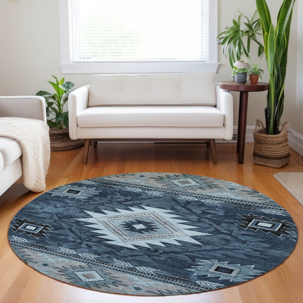 HomeRoots 8' Round Tribal Washable Area Rug in Blue, Ivory, and Charcoal - Durable Design for Indoor/Outdoor Use 619891