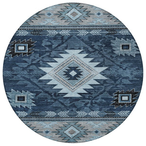 HomeRoots 8' Round Tribal Washable Area Rug in Blue, Ivory, and Charcoal - Durable Design for Indoor/Outdoor Use 619891