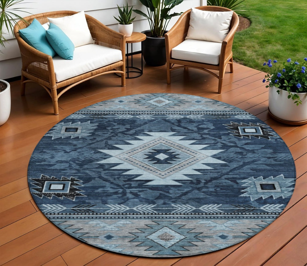 HomeRoots 8' Round Tribal Washable Area Rug in Blue, Ivory, and Charcoal - Durable Design for Indoor/Outdoor Use 619891