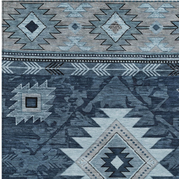 HomeRoots 8' x 10' Stylish Blue Ivory Charcoal Tribal Washable Area Rug for Indoor & Outdoor Durability 619892