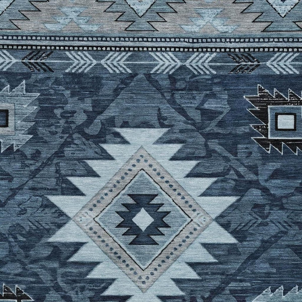 HomeRoots 9' X 12' Stylish Blue Ivory Charcoal Tribal Area Rug - Durable, Washable, Indoor/Outdoor Use! 619893