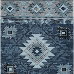 HomeRoots 9' X 12' Stylish Blue Ivory Charcoal Tribal Area Rug - Durable, Washable, Indoor/Outdoor Use! 619893