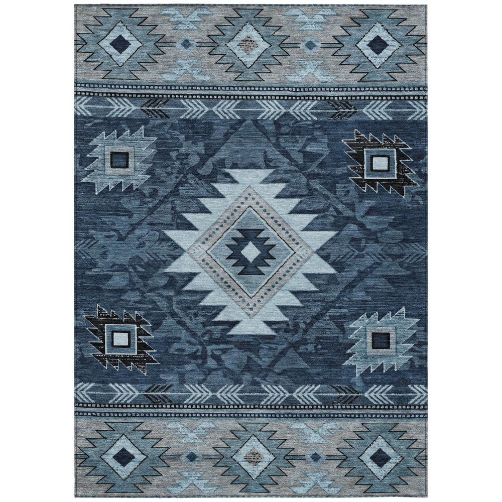 HomeRoots 9' X 12' Stylish Blue Ivory Charcoal Tribal Area Rug - Durable, Washable, Indoor/Outdoor Use! 619893