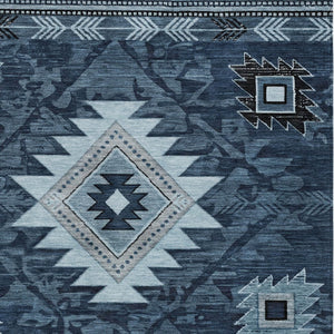 HomeRoots 9' X 12' Stylish Blue Ivory Charcoal Tribal Area Rug - Durable, Washable, Indoor/Outdoor Use! 619893