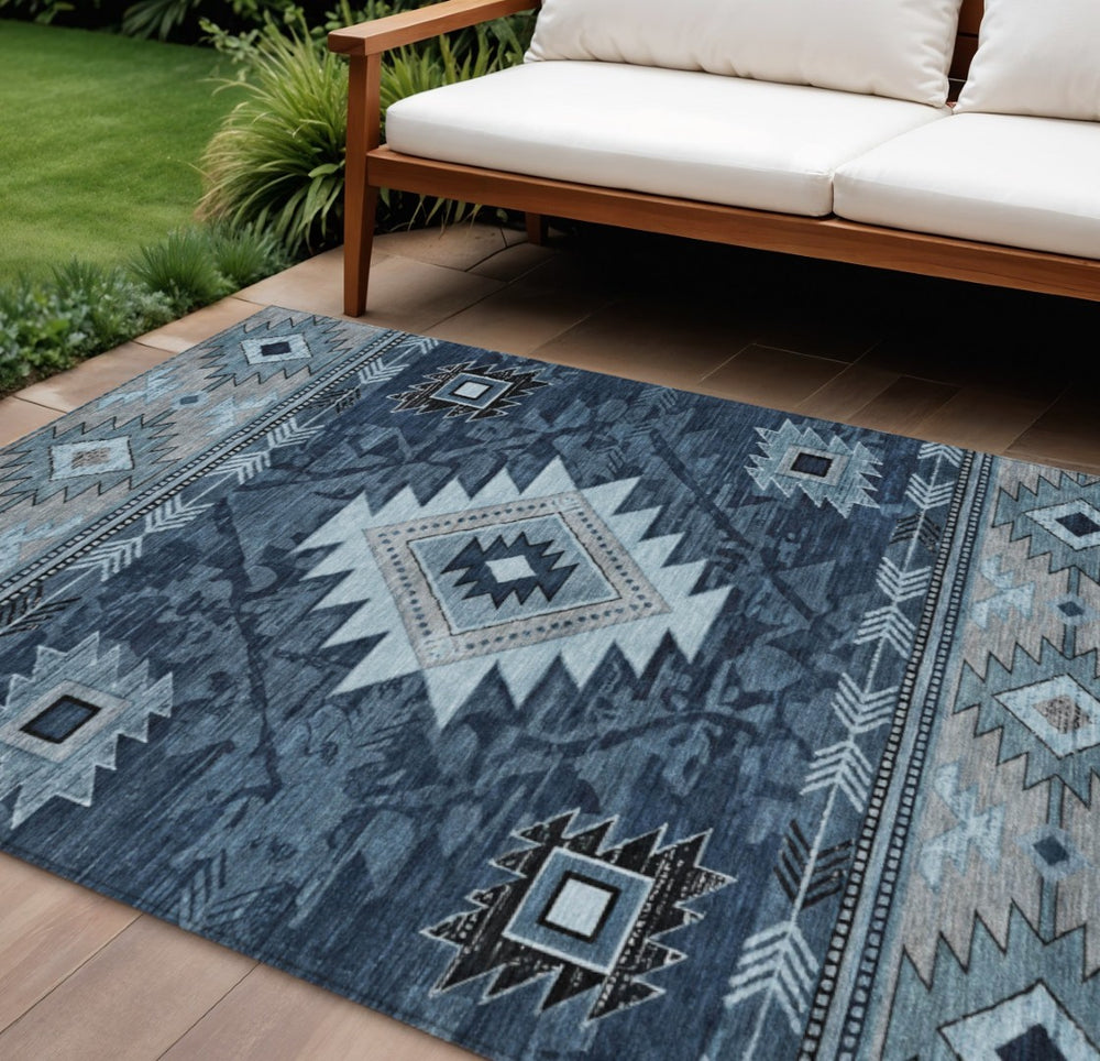 HomeRoots 10' Stylish Blue Ivory Charcoal Tribal Area Rug – Washable, Indoor/Outdoor, Stain-Resistant Comfort! 619894